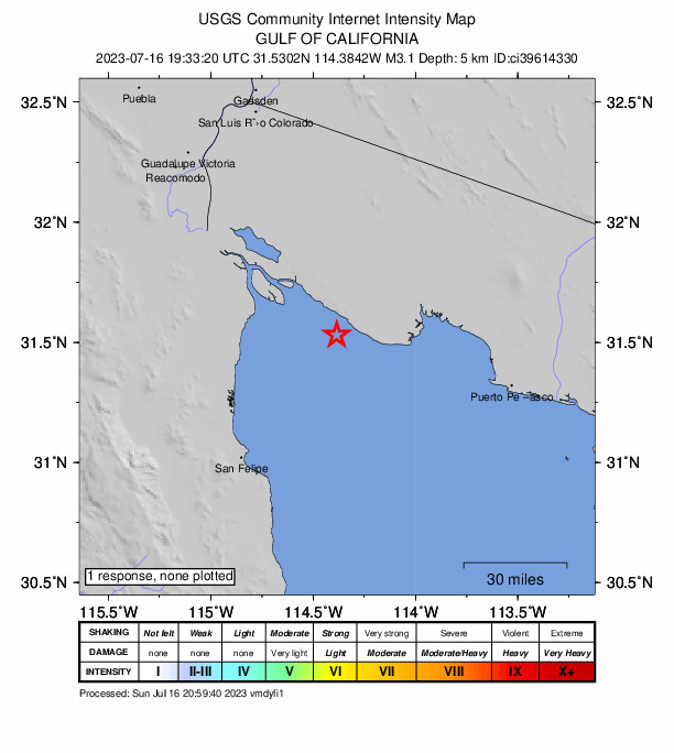 USGS DYFI community-reported intensity map for the M3.1 earthquake near 94km SE of Estacion Coahuila, B.C., MX