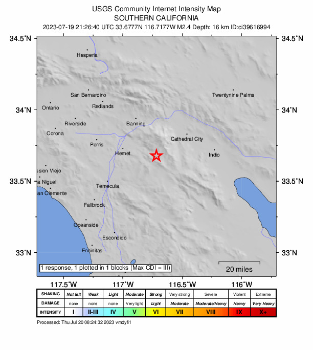 USGS DYFI community-reported intensity map for the M2.4 earthquake near 7km S of Idyllwild, CA