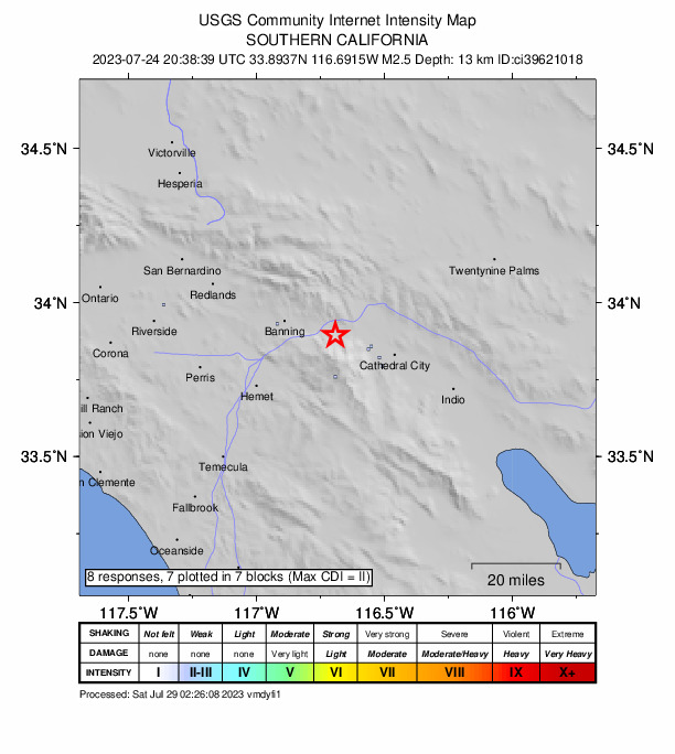 USGS DYFI community-reported intensity map for the M2.5 earthquake near 9km ESE of Cabazon, CA