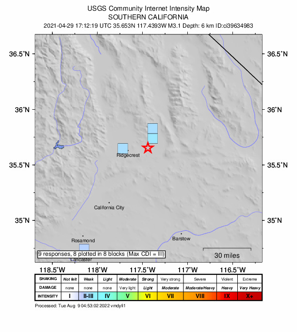 USGS DYFI community-reported intensity map for the M3.1 earthquake near 13km SSW of Searles Valley, CA