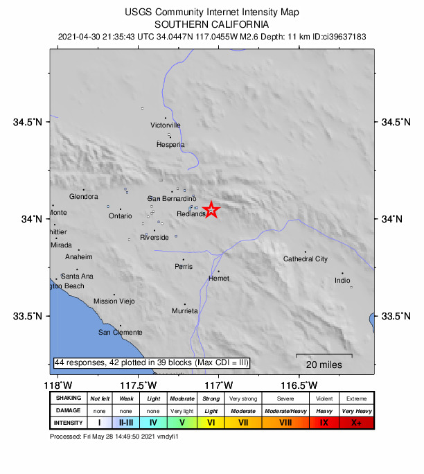 USGS DYFI community-reported intensity map for the M2.6 earthquake near 1km N of Yucaipa, CA