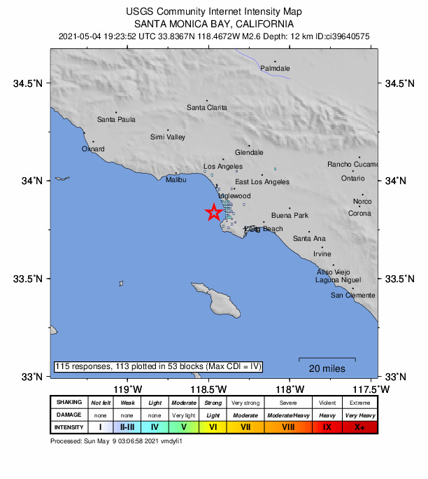 USGS DYFI community-reported intensity map for the M2.6 earthquake near 7km WSW of Hermosa Beach, CA