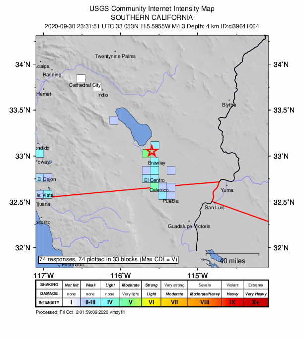 USGS DYFI community-reported intensity map for the M4.3 earthquake near 3km NE of Westmorland, CA