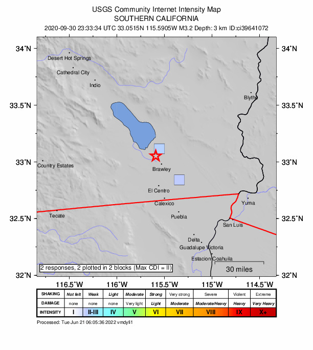 USGS DYFI community-reported intensity map for the M3.2 earthquake near 3km ENE of Westmorland, CA