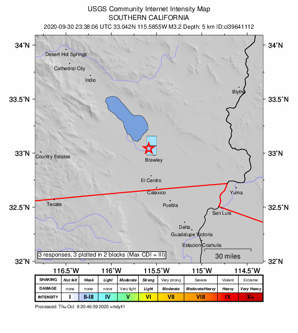 USGS DYFI community-reported intensity map for the M3.2 earthquake near 3km E of Westmorland, CA