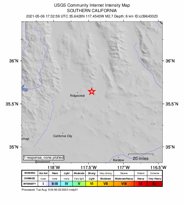 USGS DYFI community-reported intensity map for the M2.7 earthquake near 15km SSW of Searles Valley, CA