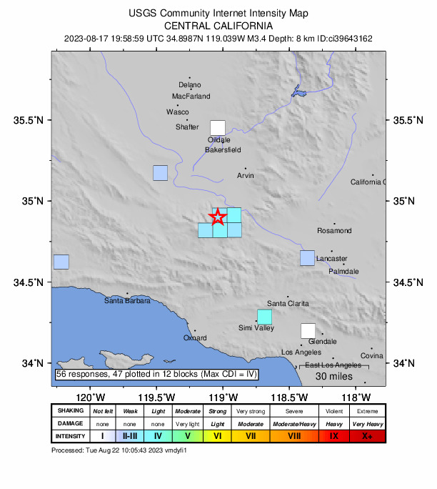 USGS DYFI community-reported intensity map for the M3.4 earthquake near 11 km WSW of Grapevine, CA