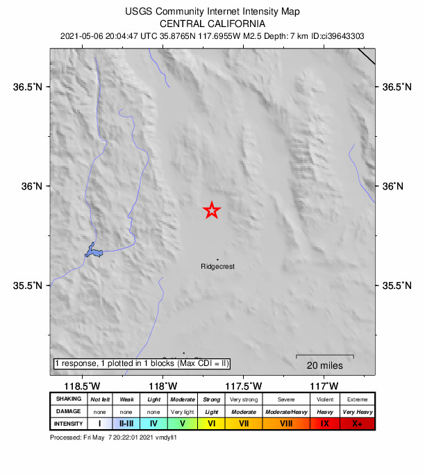 USGS DYFI community-reported intensity map for the M2.5 earthquake near 20km ESE of Little Lake, CA