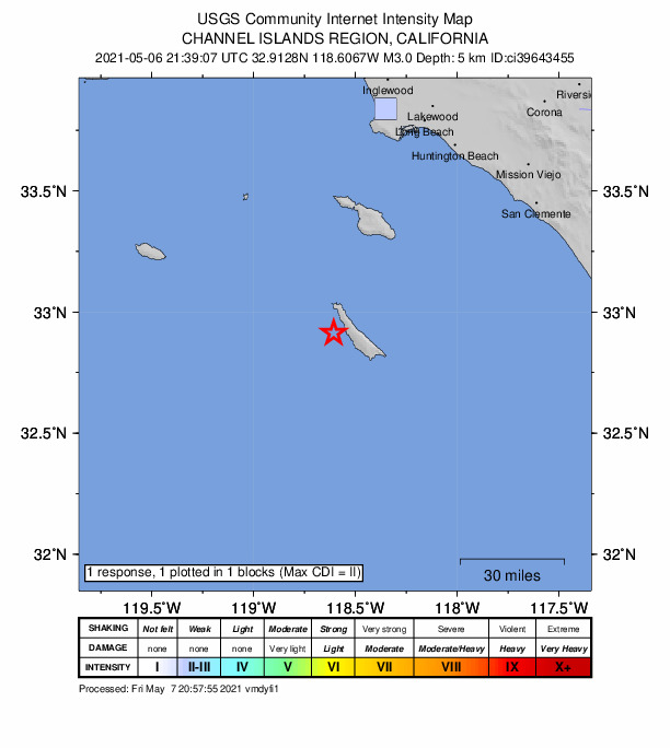 USGS DYFI community-reported intensity map for the M3.0 earthquake near 13km S of San Clemente Is. (NW tip), CA