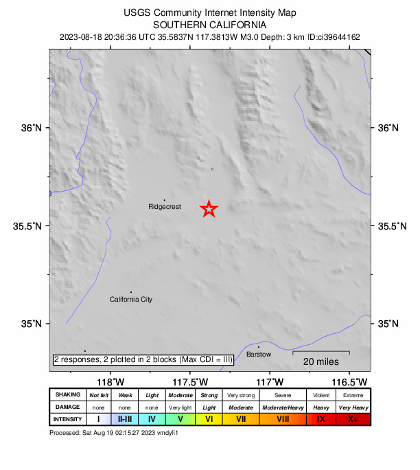 USGS DYFI community-reported intensity map for the M3.0 earthquake near 20 km S of Trona, CA