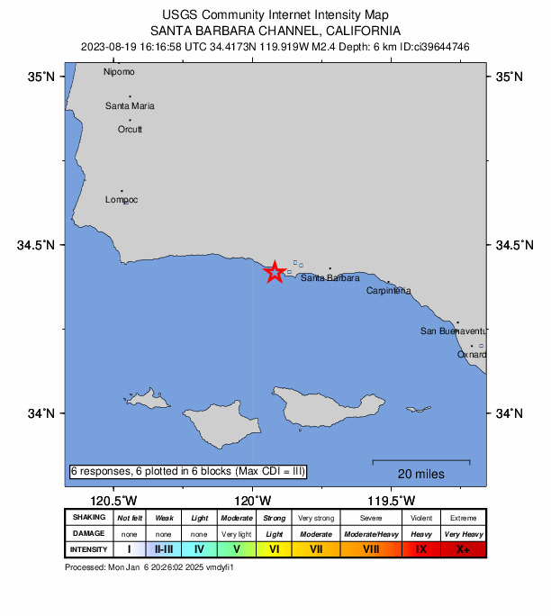 USGS DYFI community-reported intensity map for the M2.4 earthquake near 5 km W of Isla Vista, CA