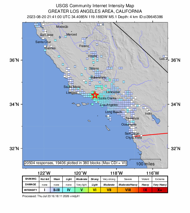 USGS DYFI community-reported intensity map for the M5.1 earthquake near 7 km SE of Ojai, CA