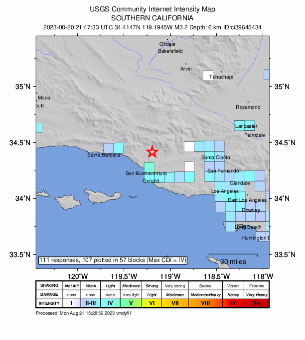 USGS DYFI community-reported intensity map for the M3.2 earthquake near 6 km SE of Ojai, CA