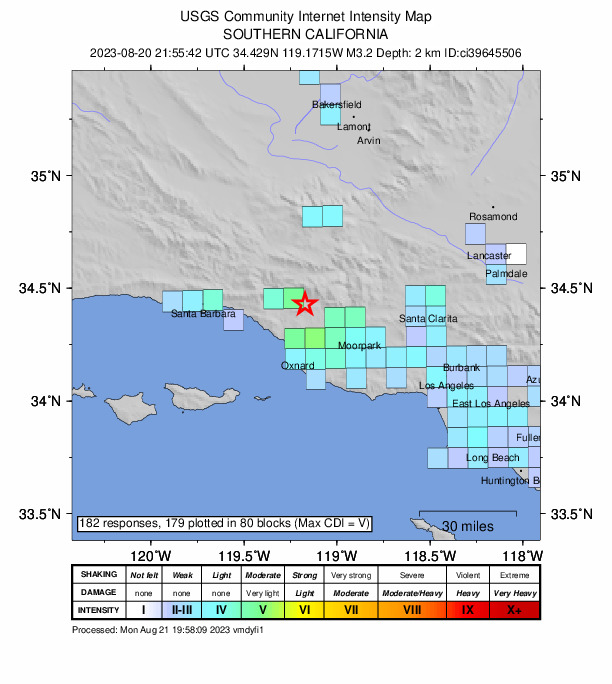 USGS DYFI community-reported intensity map for the M3.3 earthquake near 7 km ESE of Ojai, CA