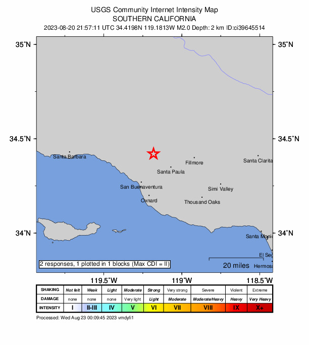 USGS DYFI community-reported intensity map for the M2.0 earthquake near 6 km ESE of Ojai, CA