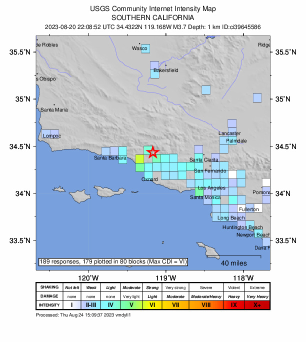 USGS DYFI community-reported intensity map for the M3.7 earthquake near 7 km ESE of Ojai, CA