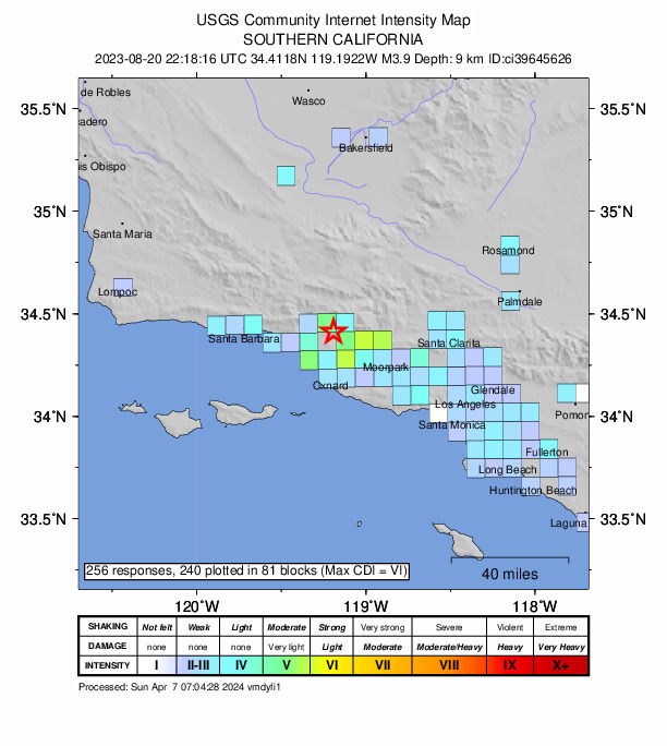 USGS DYFI community-reported intensity map for the M3.9 earthquake near 6 km SE of Ojai, CA
