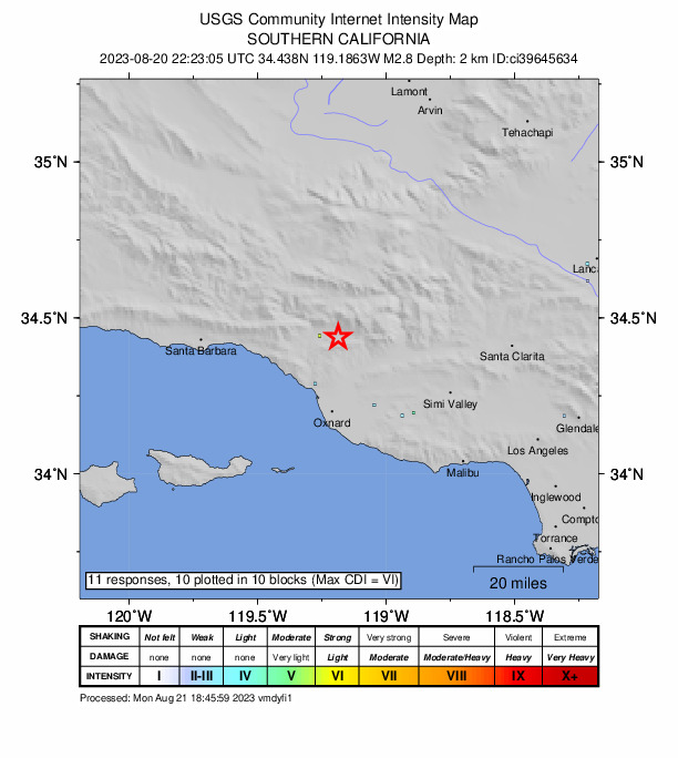 USGS DYFI community-reported intensity map for the M2.8 earthquake near 5 km ESE of Ojai, CA