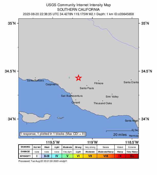 USGS DYFI community-reported intensity map for the M2.0 earthquake near 7 km ESE of Ojai, CA