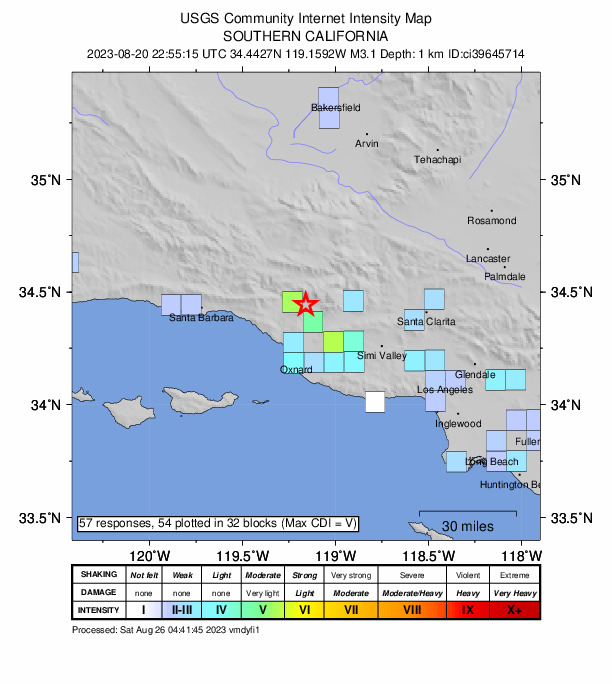 USGS DYFI community-reported intensity map for the M3.1 earthquake near 8 km E of Ojai, CA