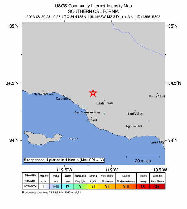 USGS DYFI community-reported intensity map for the M2.3 earthquake near 6 km SE of Ojai, CA