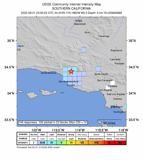 USGS DYFI community-reported intensity map for the M3.3 earthquake near 6 km SE of Ojai, CA