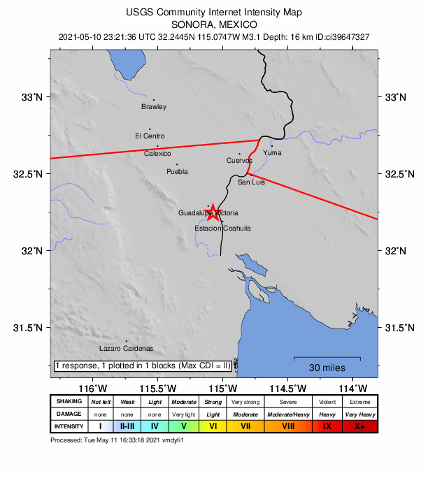 USGS DYFI community-reported intensity map for the M3.1 earthquake near 6km SSE of Guadalupe Victoria, B.C., MX