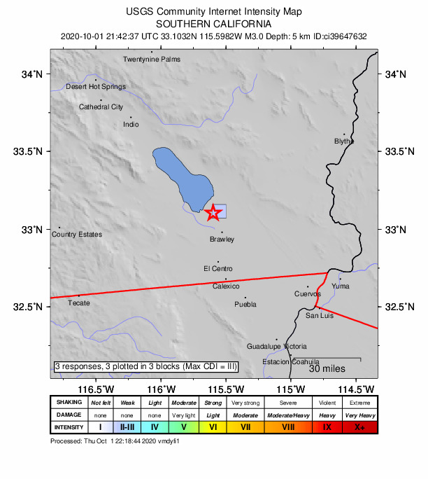 USGS DYFI community-reported intensity map for the M3.0 earthquake near 8km NNE of Westmorland, CA