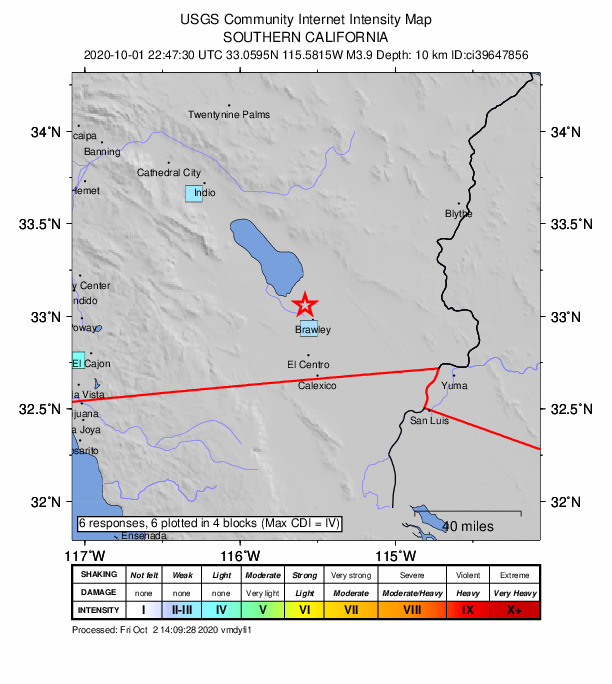 USGS DYFI community-reported intensity map for the M3.9 earthquake near 4km ENE of Westmorland, CA