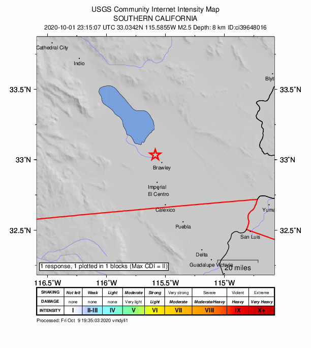 USGS DYFI community-reported intensity map for the M2.5 earthquake near 3km E of Westmorland, CA