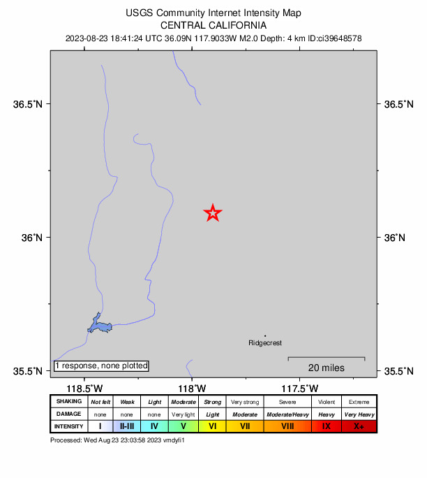 USGS DYFI community-reported intensity map for the M2.0 earthquake near 6 km NE of Coso Junction, CA