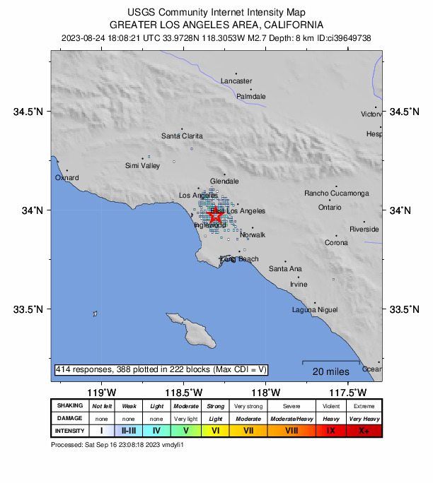 USGS DYFI community-reported intensity map for the M2.7 earthquake near 4 km ENE of Inglewood, CA