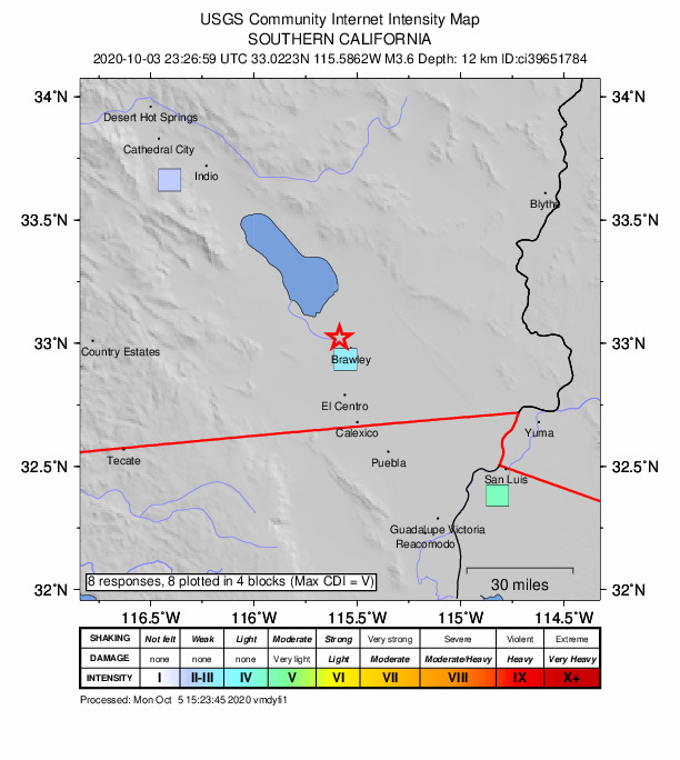USGS DYFI community-reported intensity map for the M3.6 earthquake near 4km ESE of Westmorland, CA
