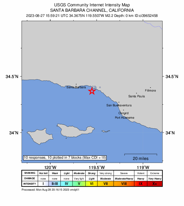 USGS DYFI community-reported intensity map for the M2.2 earthquake near 5 km SW of Carpinteria, CA