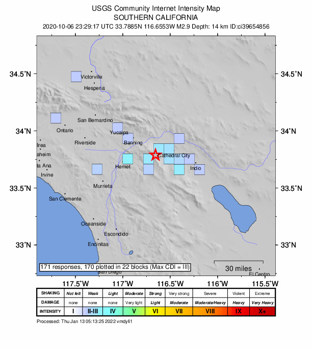 USGS DYFI community-reported intensity map for the M2.9 earthquake near 8km NE of Idyllwild, CA