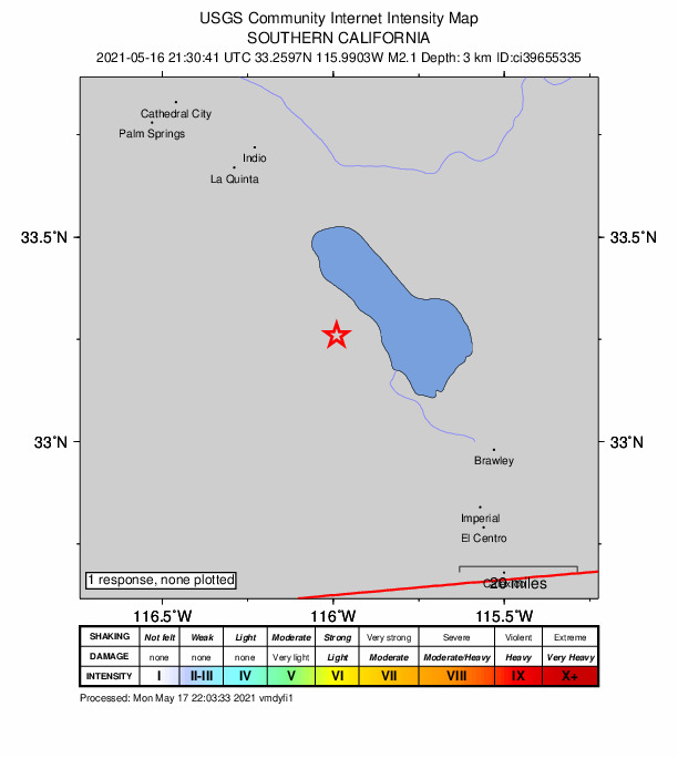 USGS DYFI community-reported intensity map for the M2.1 earthquake near 5km SW of Salton City, CA