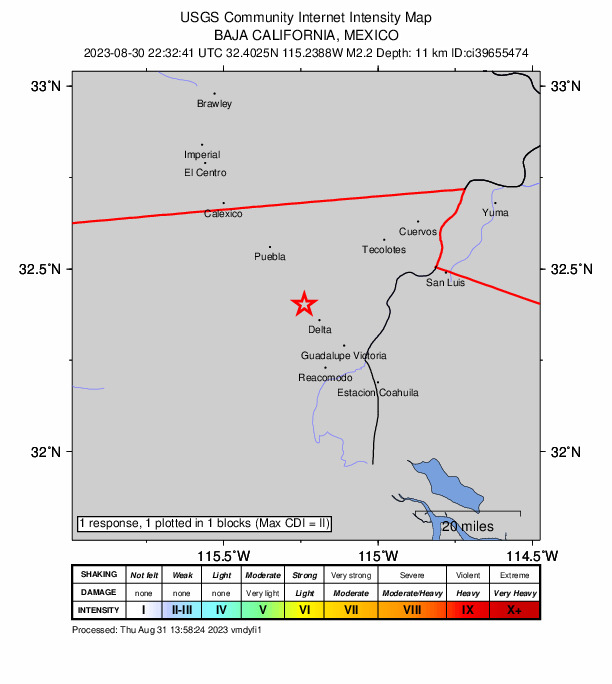 USGS DYFI community-reported intensity map for the M2.2 earthquake near 7 km NW of Delta, B.C., MX