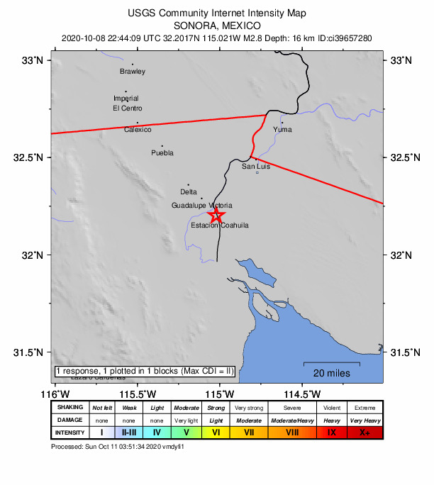 USGS DYFI community-reported intensity map for the M2.8 earthquake near 2km WNW of Estacion Coahuila, B.C., MX