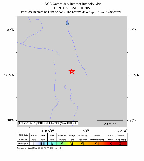 USGS DYFI community-reported intensity map for the M2.4 earthquake near 10km WSW of Lone Pine, CA