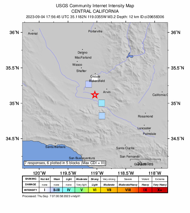 USGS DYFI community-reported intensity map for the M3.4 earthquake near 19 km SW of Lamont, CA