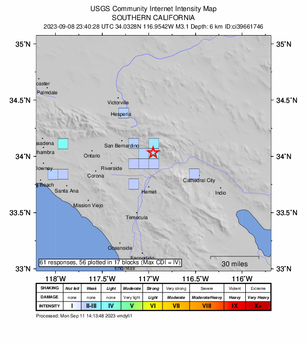 USGS DYFI community-reported intensity map for the M3.1 earthquake near 8 km E of Yucaipa, CA