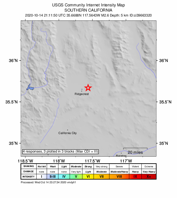 USGS DYFI community-reported intensity map for the M2.6 earthquake near 11km ENE of Ridgecrest, CA
