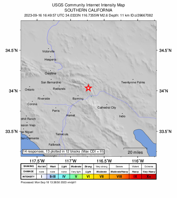 USGS DYFI community-reported intensity map for the M2.6 earthquake near 14 km NNE of Cabazon, CA