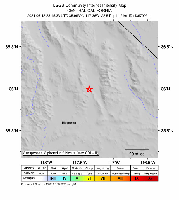 USGS DYFI community-reported intensity map for the M2.6 earthquake near 26km N of Searles Valley, CA