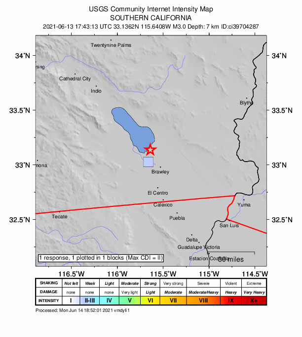 USGS DYFI community-reported intensity map for the M3.0 earthquake near 11km N of Westmorland, CA