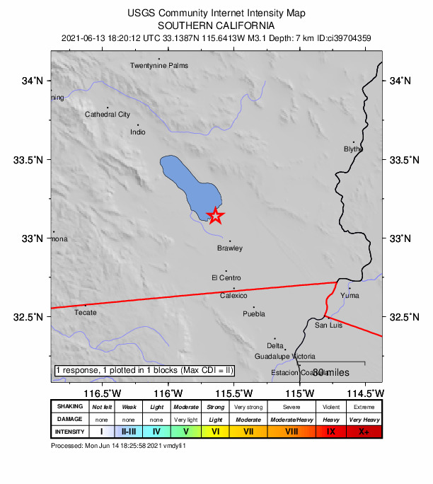 USGS DYFI community-reported intensity map for the M3.1 earthquake near 11km N of Westmorland, CA