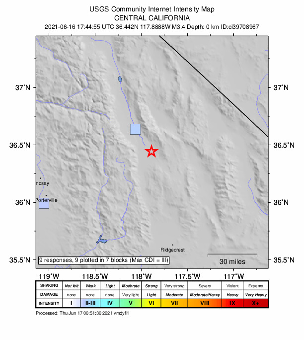 USGS DYFI community-reported intensity map for the M3.4 earthquake near 21km NNE of Olancha, CA