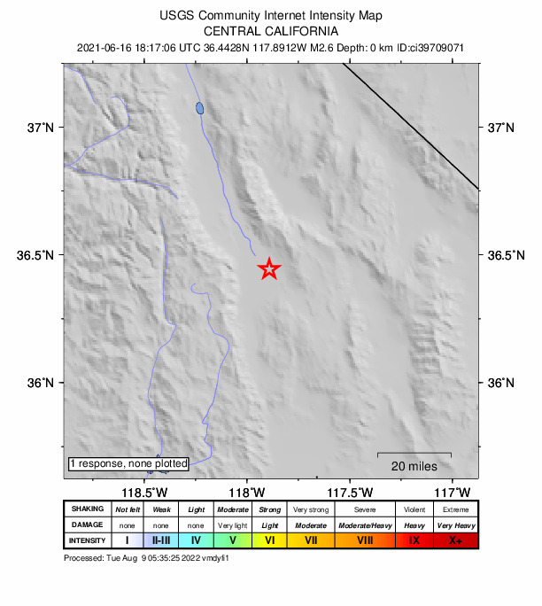 USGS DYFI community-reported intensity map for the M2.6 earthquake near 21km NNE of Olancha, CA