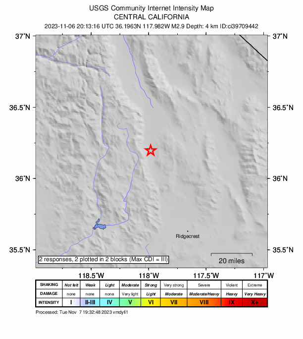 USGS DYFI community-reported intensity map for the M2.9 earthquake near 10 km SSE of Olancha, CA