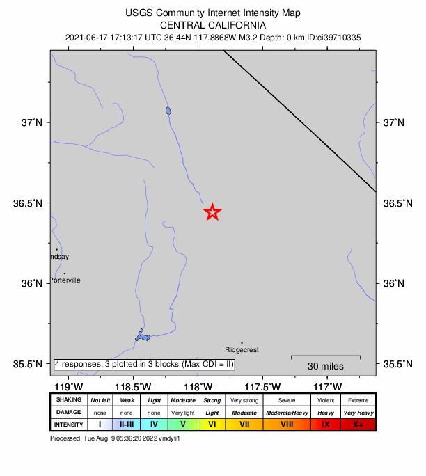USGS DYFI community-reported intensity map for the M3.2 earthquake near 20km NNE of Olancha, CA